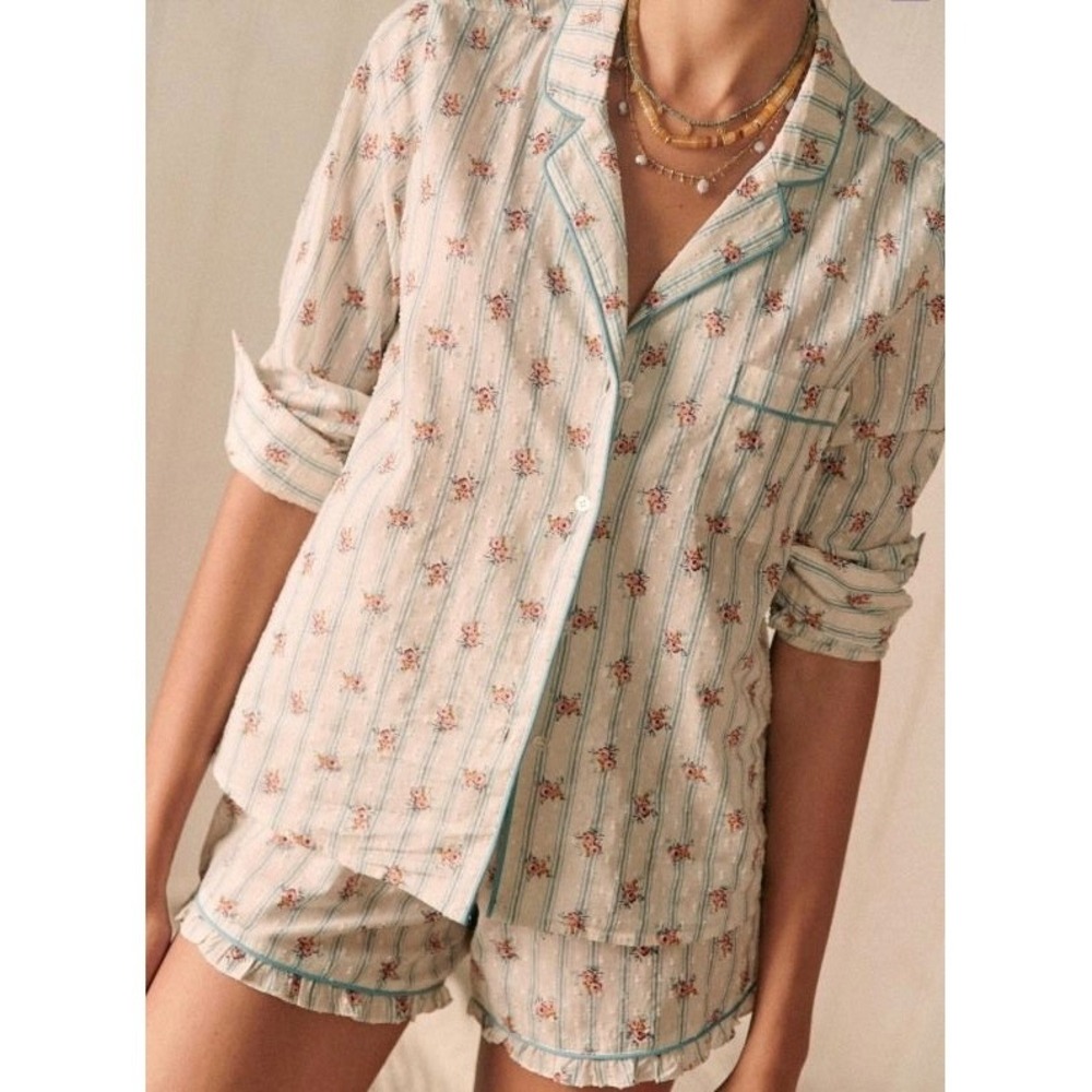 Sezane Manon Swiss Dot Cotton Pajama Set, Striped Floral Sz 34 US 2